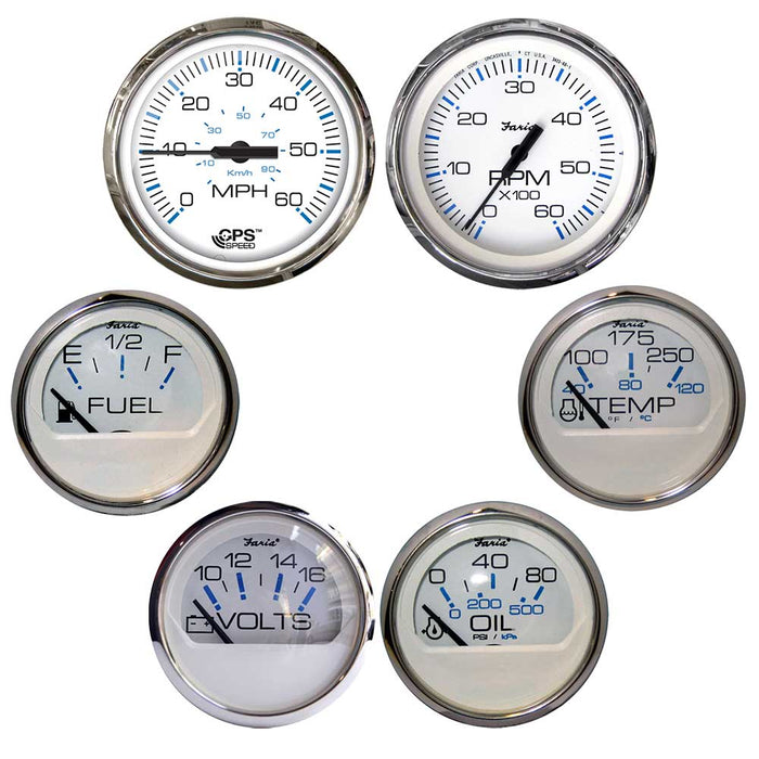 Faria Chesapeake White w/Stainless Steel Bezel Boxed Set of 6 - Speed, Tach, Fuel Level, Voltmeter, Water Temp  Oil PSI - Inboard Motors [KTF063]