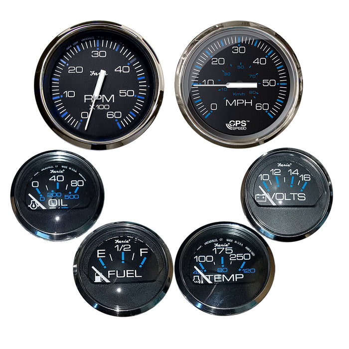 Faria Chesapeake Black w/Stainless Steel Bezel Boxed Set of 6 - Speed, Tach, Fuel Level, Voltmeter, Water Temp  Oil PSI - Inboard Motors [KTF064]