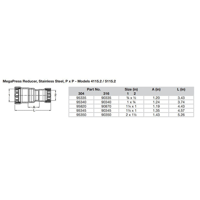 Viega MegaPress 2" x 1-1/2" Stainless Steel 304 Reducer - Double Press Connection - Smart Connect Technology [95350]